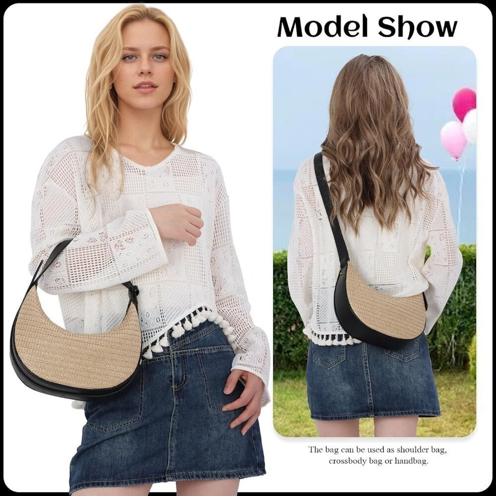 Straw Crossbody Bag Beach Tote with Adjustable Straps for Summer Travel - Picture 6 of 6